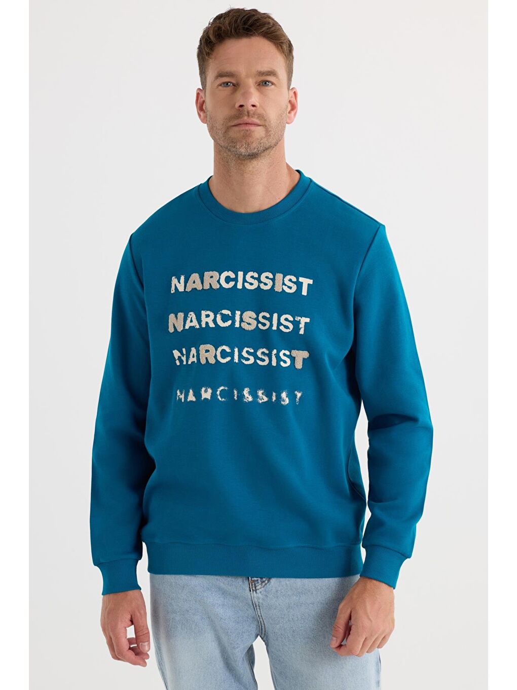 Unisex Oversize Pamuklu Yumuşak Dokulu Bisiklet Yaka İçi Polarlı Baskılı Turkuaz Sweatshirt​​​​​​​