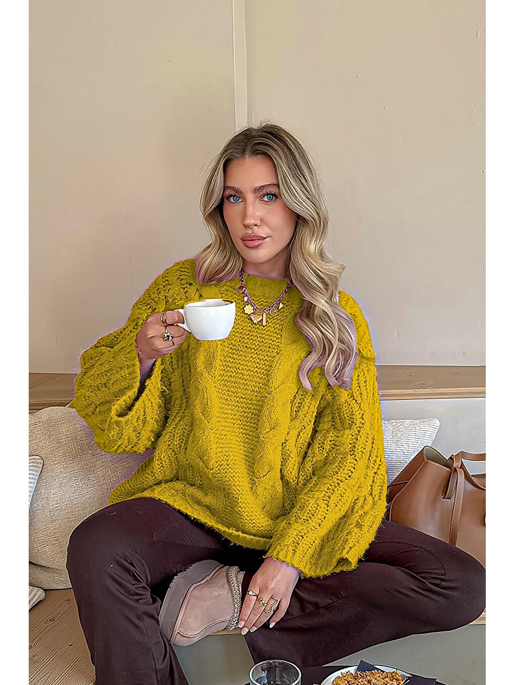 Yeşil Bisiklet Yaka Örgü Desen Kadın Triko Kazak Mg2601-4