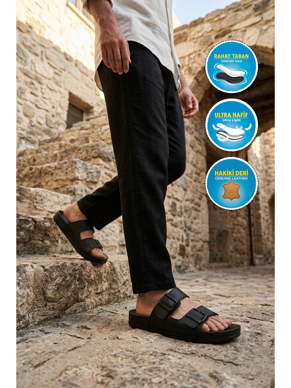 Siyah Hakiki Deri Çift Bantlı Yumuşak Taban Erkek Terlik 8422 M-2