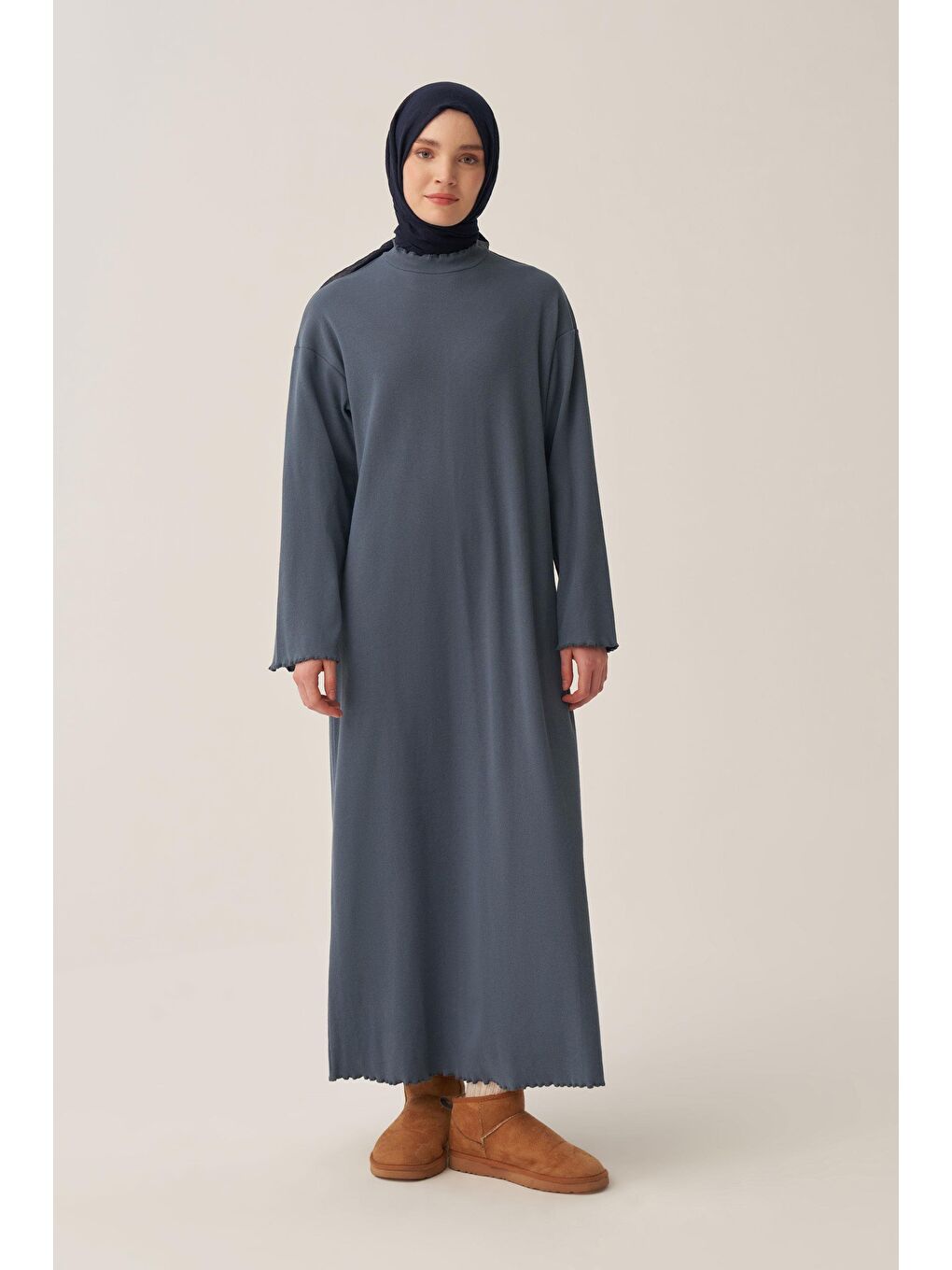 Mavi-Fırfır Detaylı Kaşkorse Elbise-1