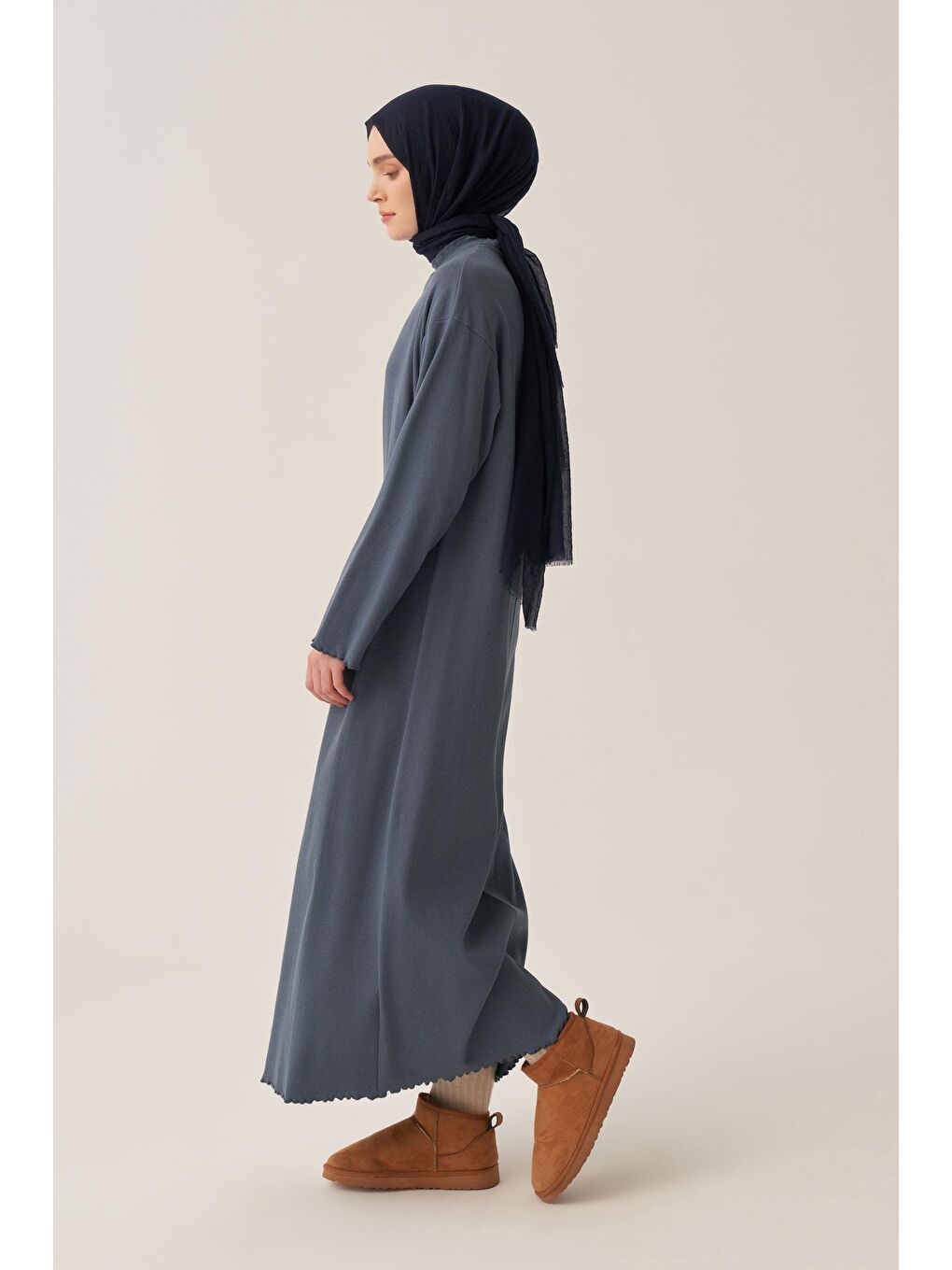 Mavi-Fırfır Detaylı Kaşkorse Elbise-2