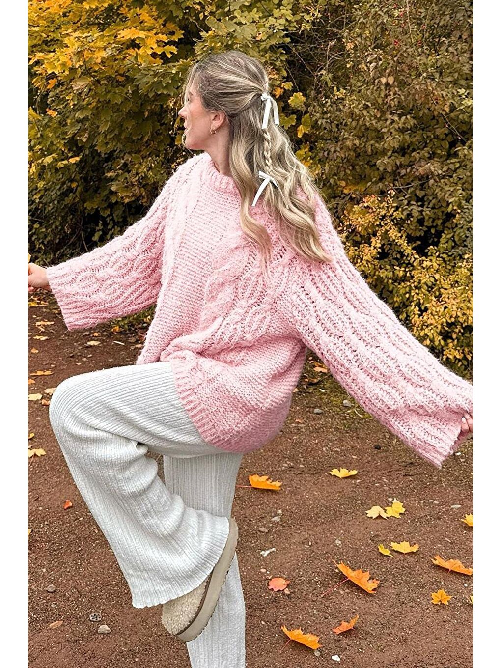 Pembe Bisiklet Yaka Örgü Desen Kadın Triko Kazak Mg2601-2