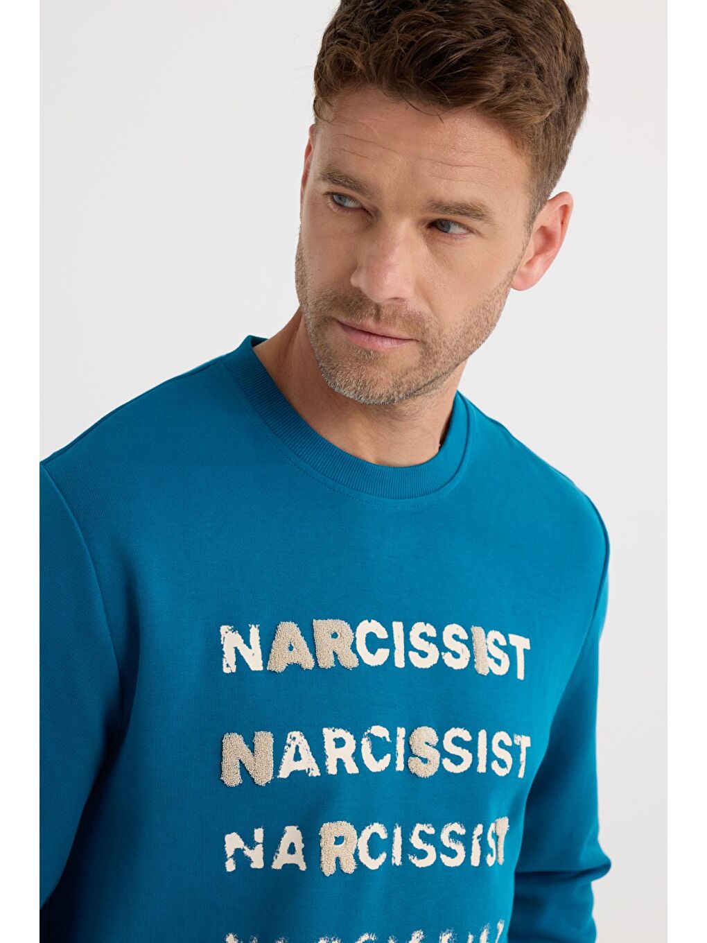 Unisex Oversize Pamuklu Yumuşak Dokulu Bisiklet Yaka İçi Polarlı Baskılı Turkuaz Sweatshirt​​​​​​​-1