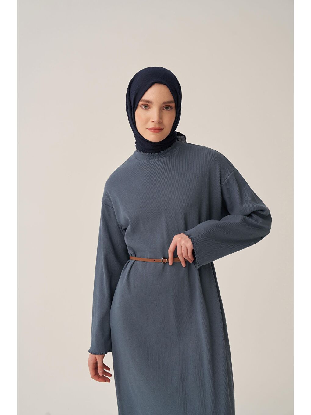 Mavi-Fırfır Detaylı Kaşkorse Elbise-4