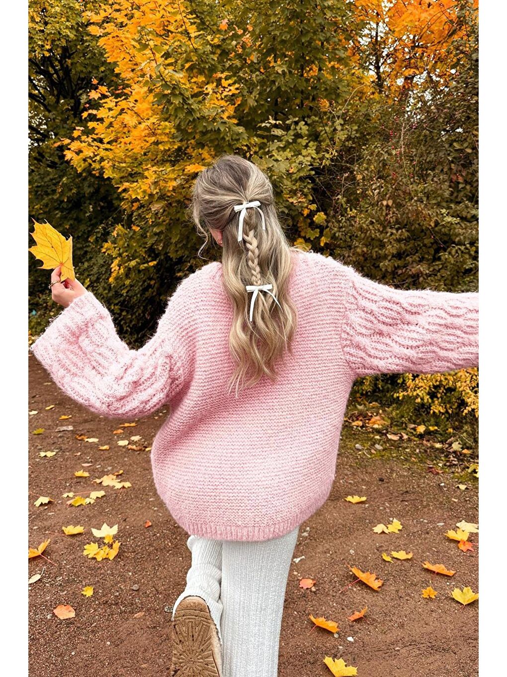 Pembe Bisiklet Yaka Örgü Desen Kadın Triko Kazak Mg2601-3