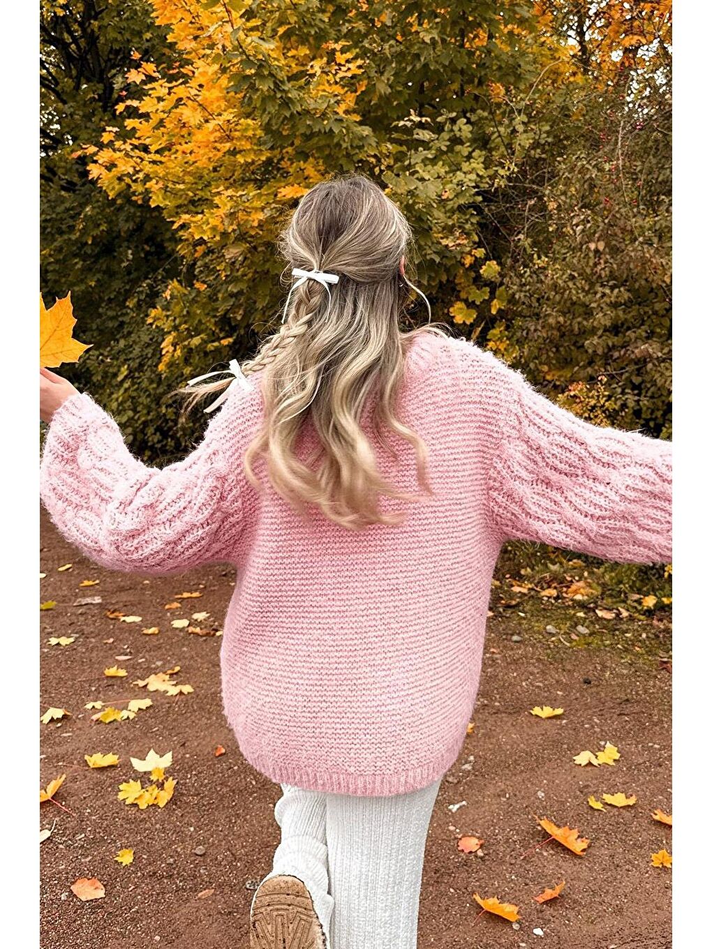 Pembe Bisiklet Yaka Örgü Desen Kadın Triko Kazak Mg2601-4