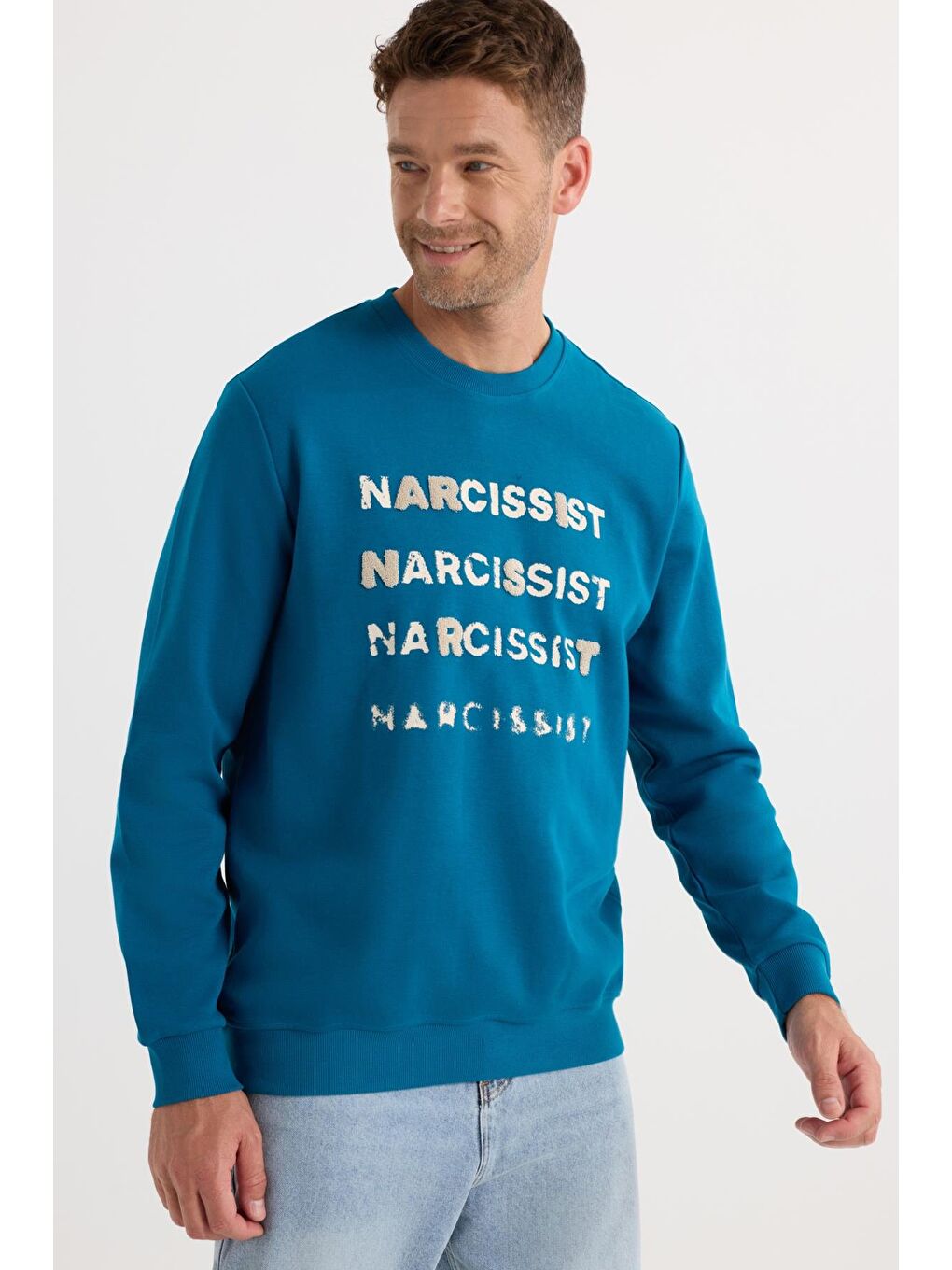 Unisex Oversize Pamuklu Yumuşak Dokulu Bisiklet Yaka İçi Polarlı Baskılı Turkuaz Sweatshirt​​​​​​​-2