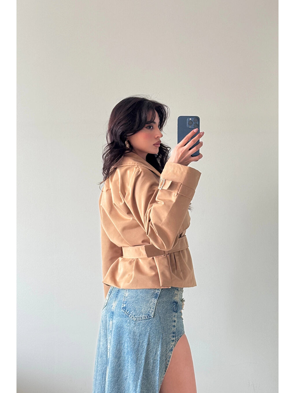 Kahverengi Kadın Camel Kısa Trenç 1041-6061-2