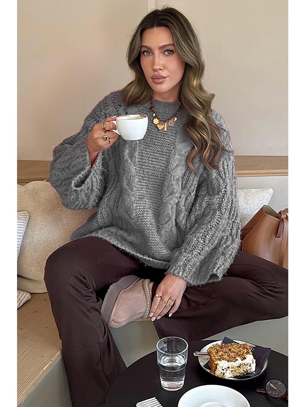 Koyu Gri Bisiklet Yaka Örgü Desen Kadın Triko Kazak Mg2601