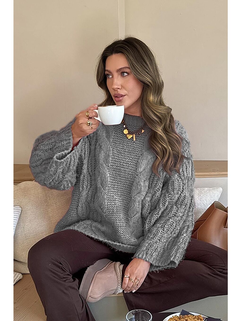 Koyu Gri Bisiklet Yaka Örgü Desen Kadın Triko Kazak Mg2601-2