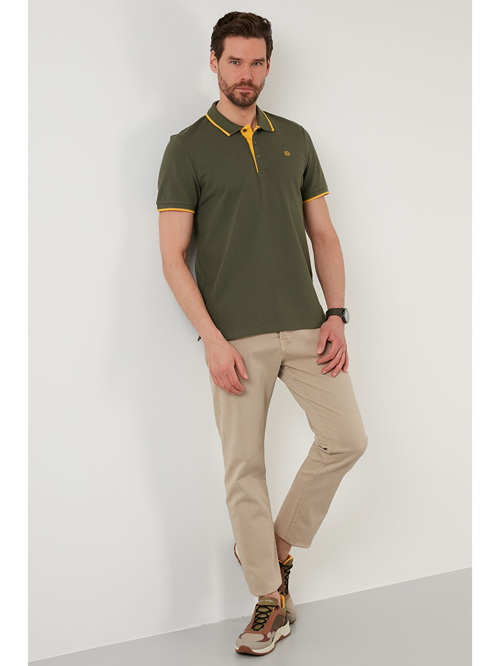 Haki Pamuklu Slim Fit Şerit Detaylı Düğmeli Polo Yaka 3'lü Paket T Shirt 5902118S3-4