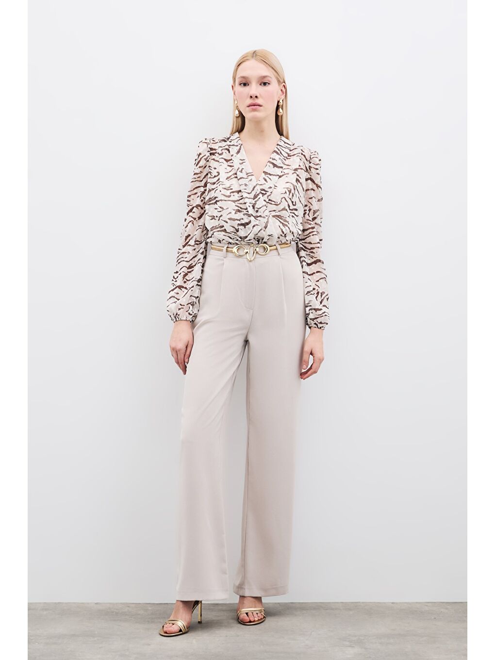 Bej Pileli Krep Pantolon - Taş