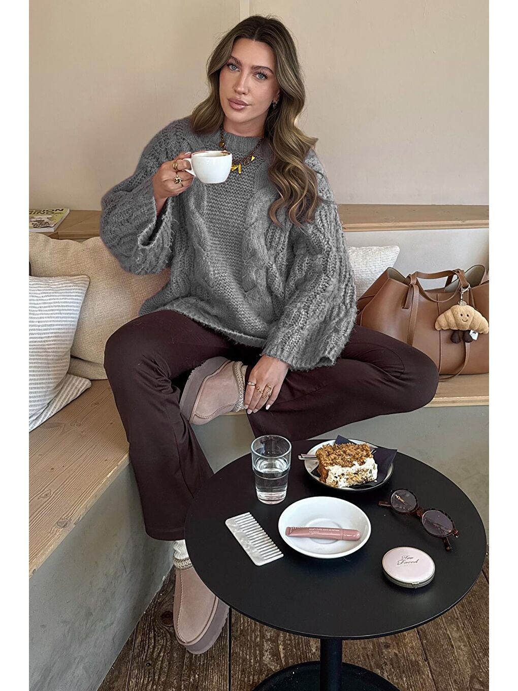 Koyu Gri Bisiklet Yaka Örgü Desen Kadın Triko Kazak Mg2601-3