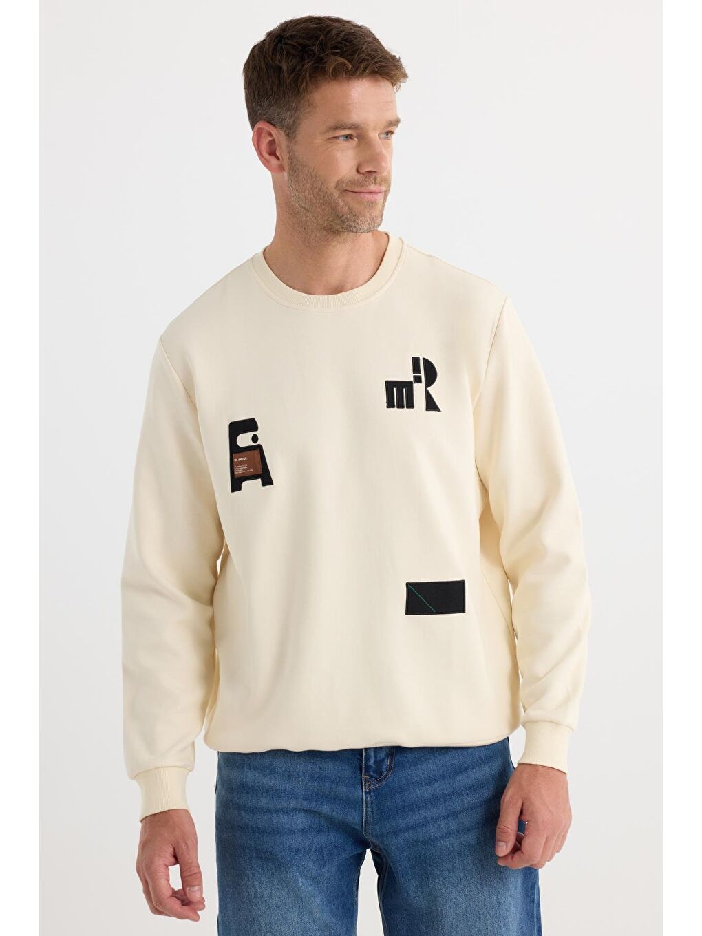 Erkek Relax Fit Rahat Kesim Pamuklu Lastikli Kol Bisiklet Yaka Baskılı Ekru Sweatshirt-1