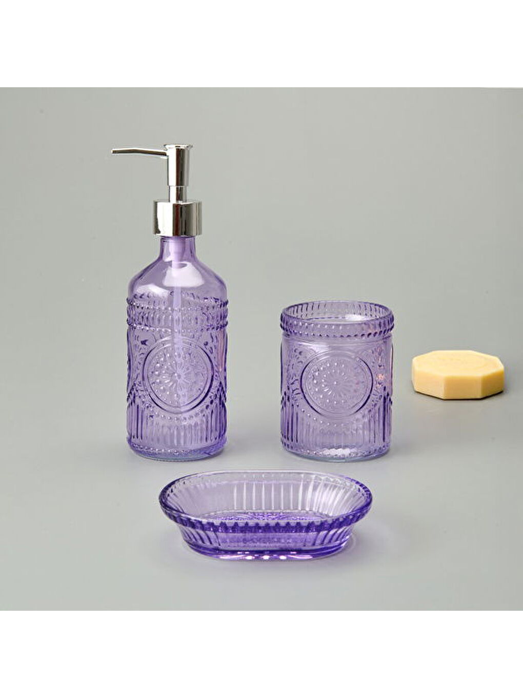 Bath 3'lü Cam Banyo Sıvı Sabunluk Seti - Mor-4