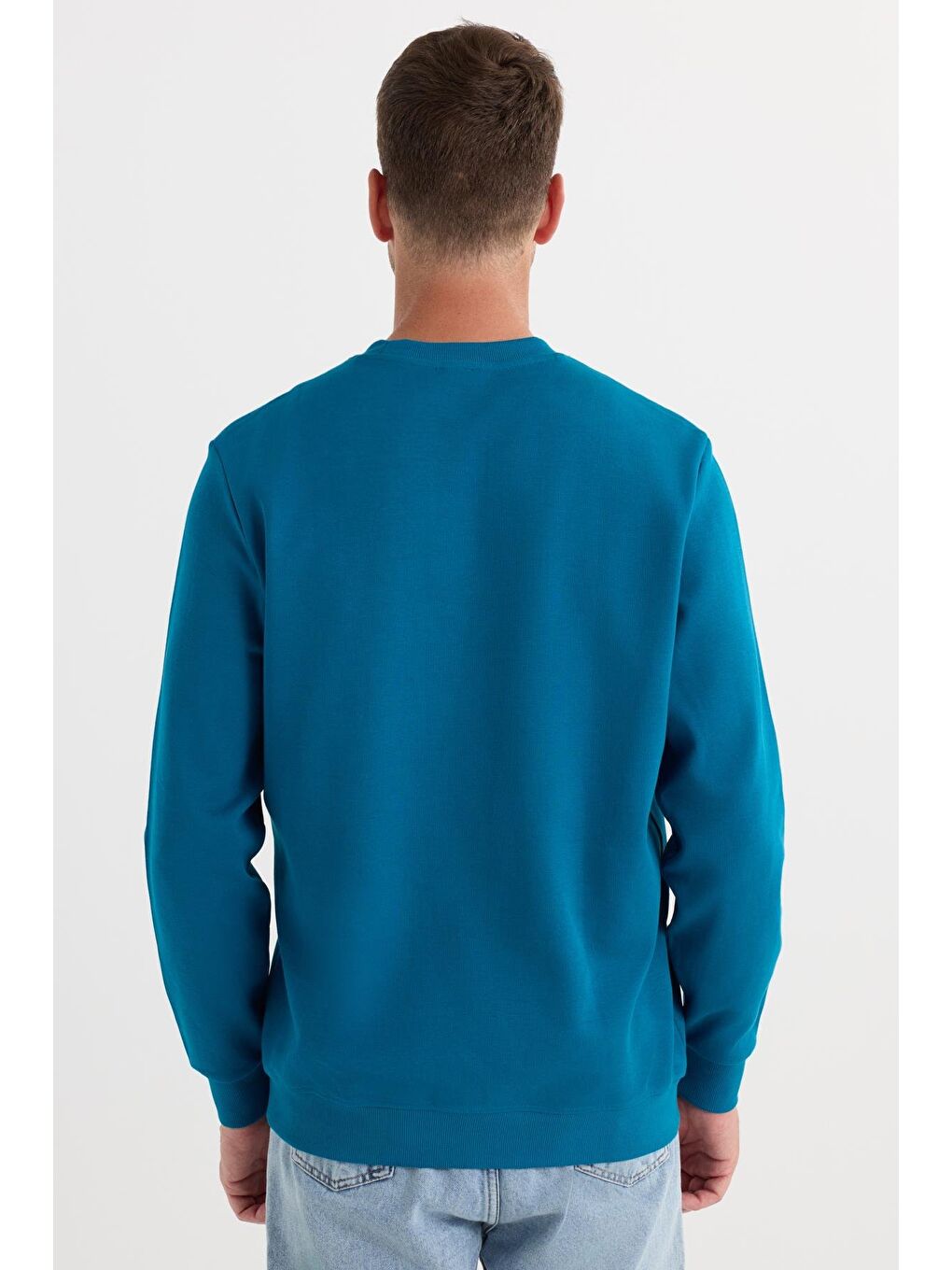 Unisex Oversize Pamuklu Yumuşak Dokulu Bisiklet Yaka İçi Polarlı Baskılı Turkuaz Sweatshirt​​​​​​​-6