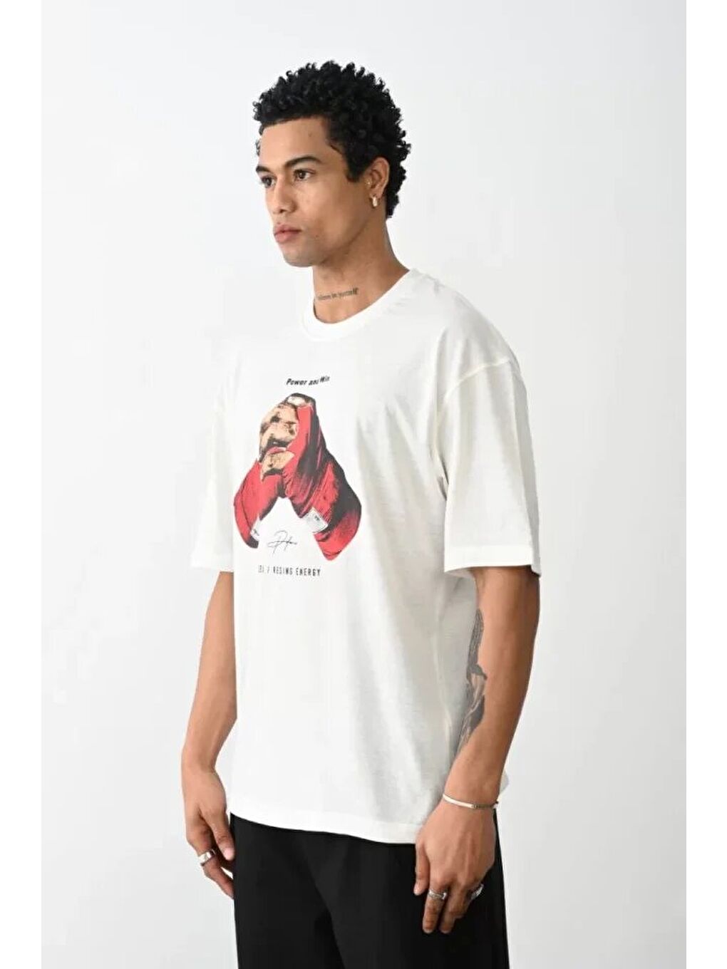 Unisex Baskılı Oversize T-Shirt - Beyaz-1