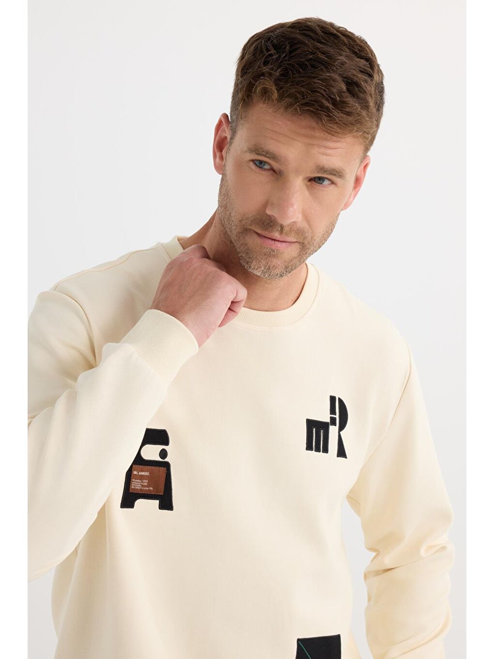 Erkek Relax Fit Rahat Kesim Pamuklu Lastikli Kol Bisiklet Yaka Baskılı Ekru Sweatshirt-3
