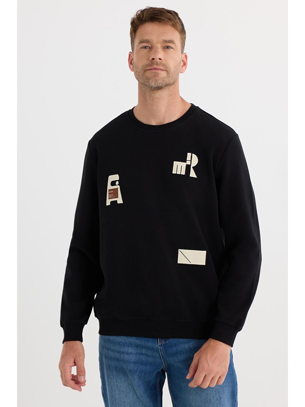 Erkek Relax Fit Rahat Kesim Pamuklu Lastikli Kol Bisiklet Yaka Baskılı Siyah Sweatshirt