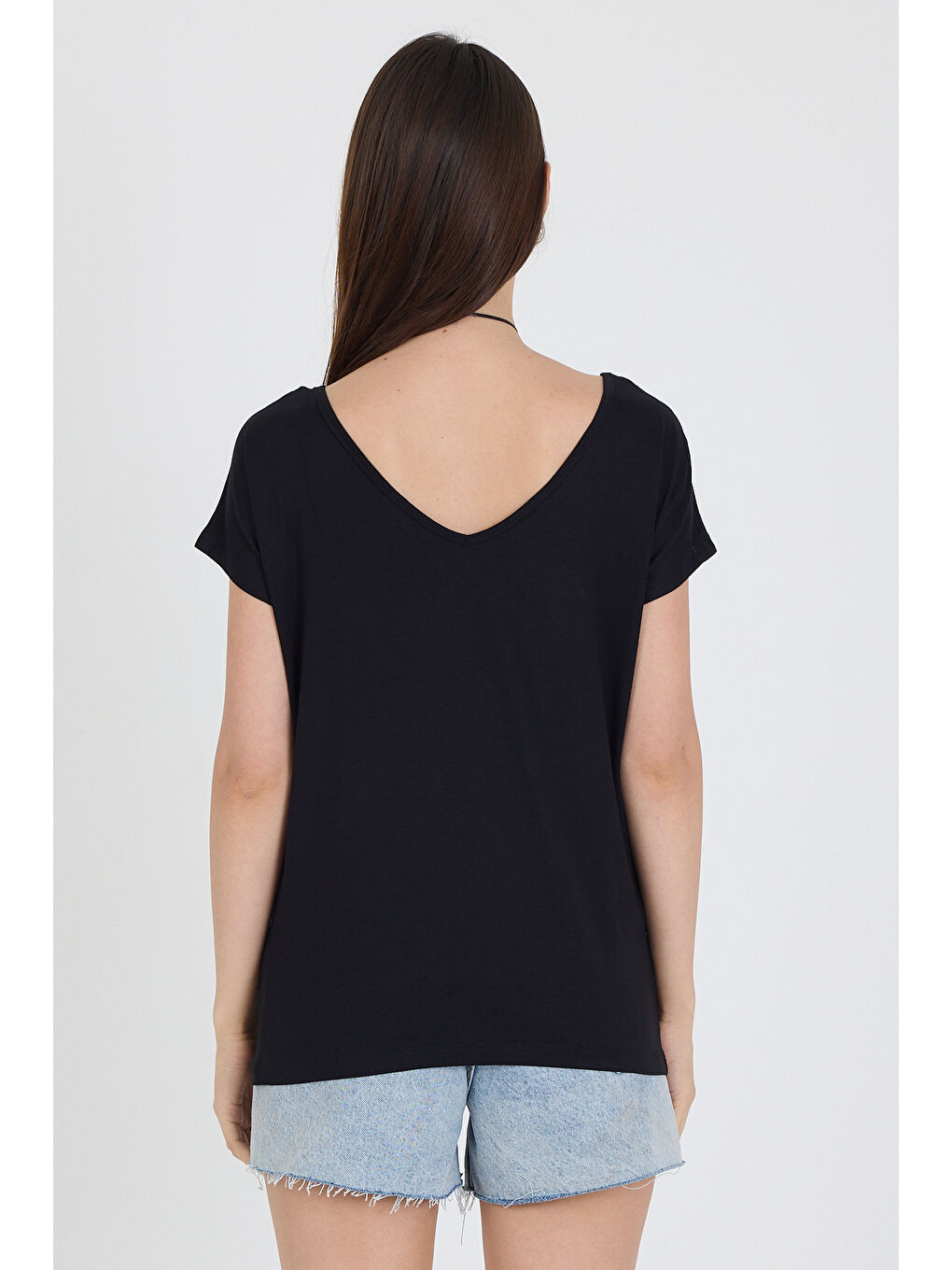 Ön Arka V Yaka Siyah Kadın T-shirt 0003-4