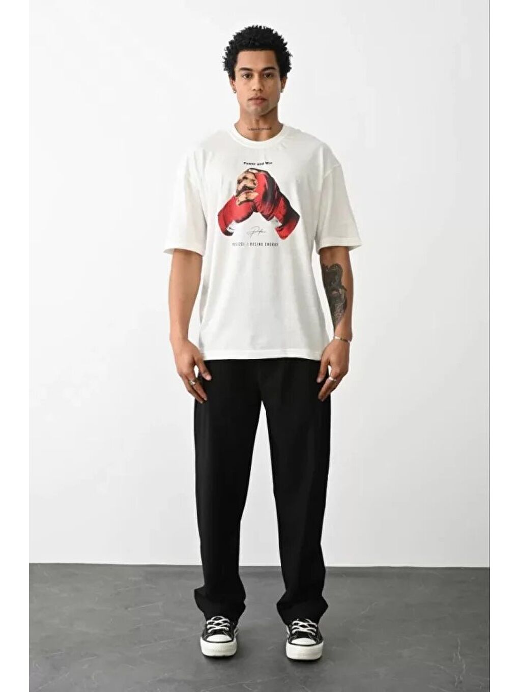 Unisex Baskılı Oversize T-Shirt - Beyaz-2