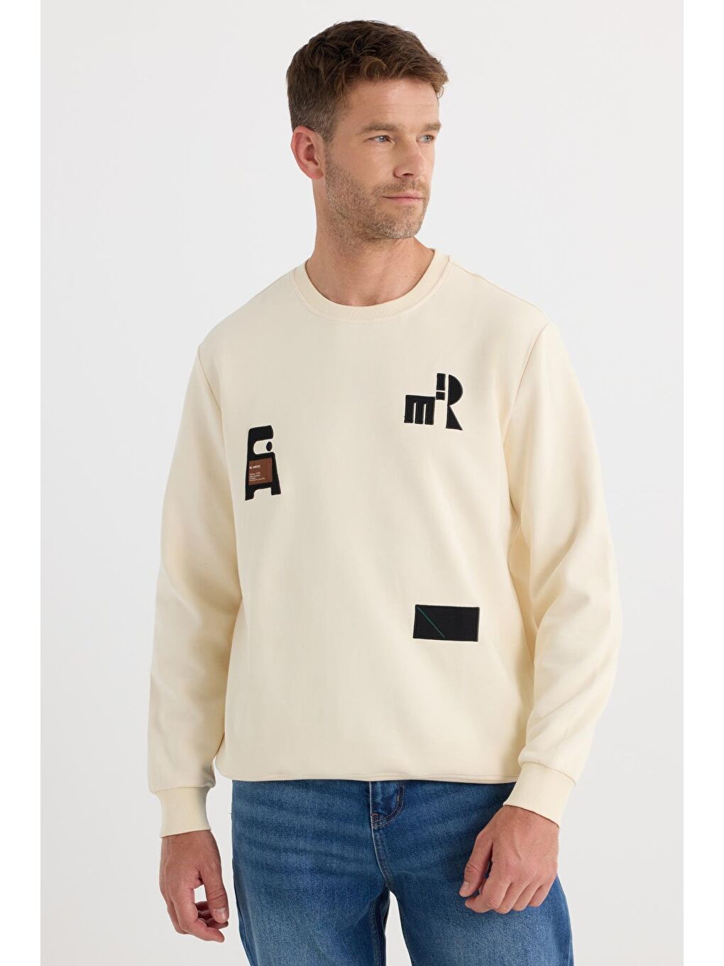 Erkek Relax Fit Rahat Kesim Pamuklu Lastikli Kol Bisiklet Yaka Baskılı Ekru Sweatshirt-4