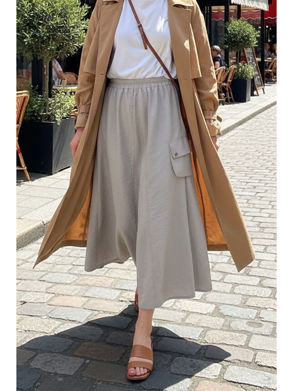 Parçalı Yanı Tek Zımba Detay Cepli Dubai Etek 5645 Bej