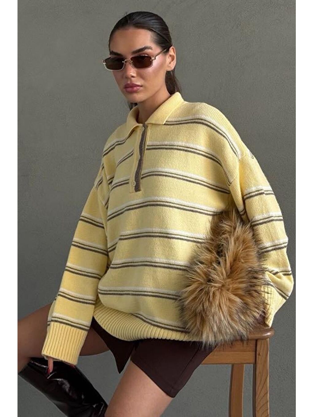 Sarı Çizgili Düğmeli Polo Yaka Kazak Mg2357-3