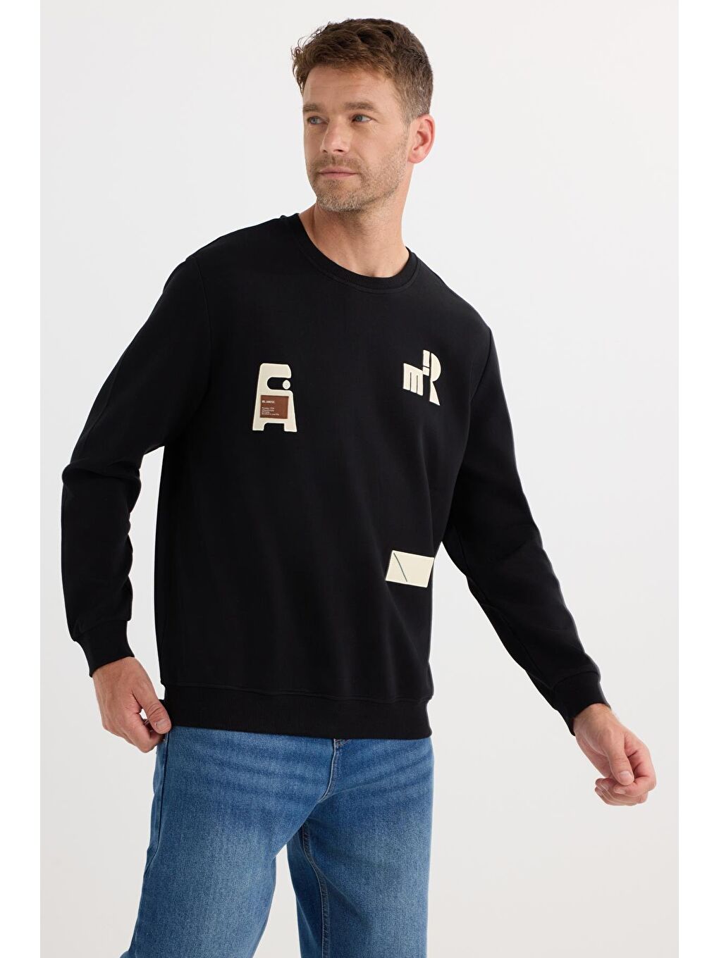 Erkek Relax Fit Rahat Kesim Pamuklu Lastikli Kol Bisiklet Yaka Baskılı Siyah Sweatshirt-3