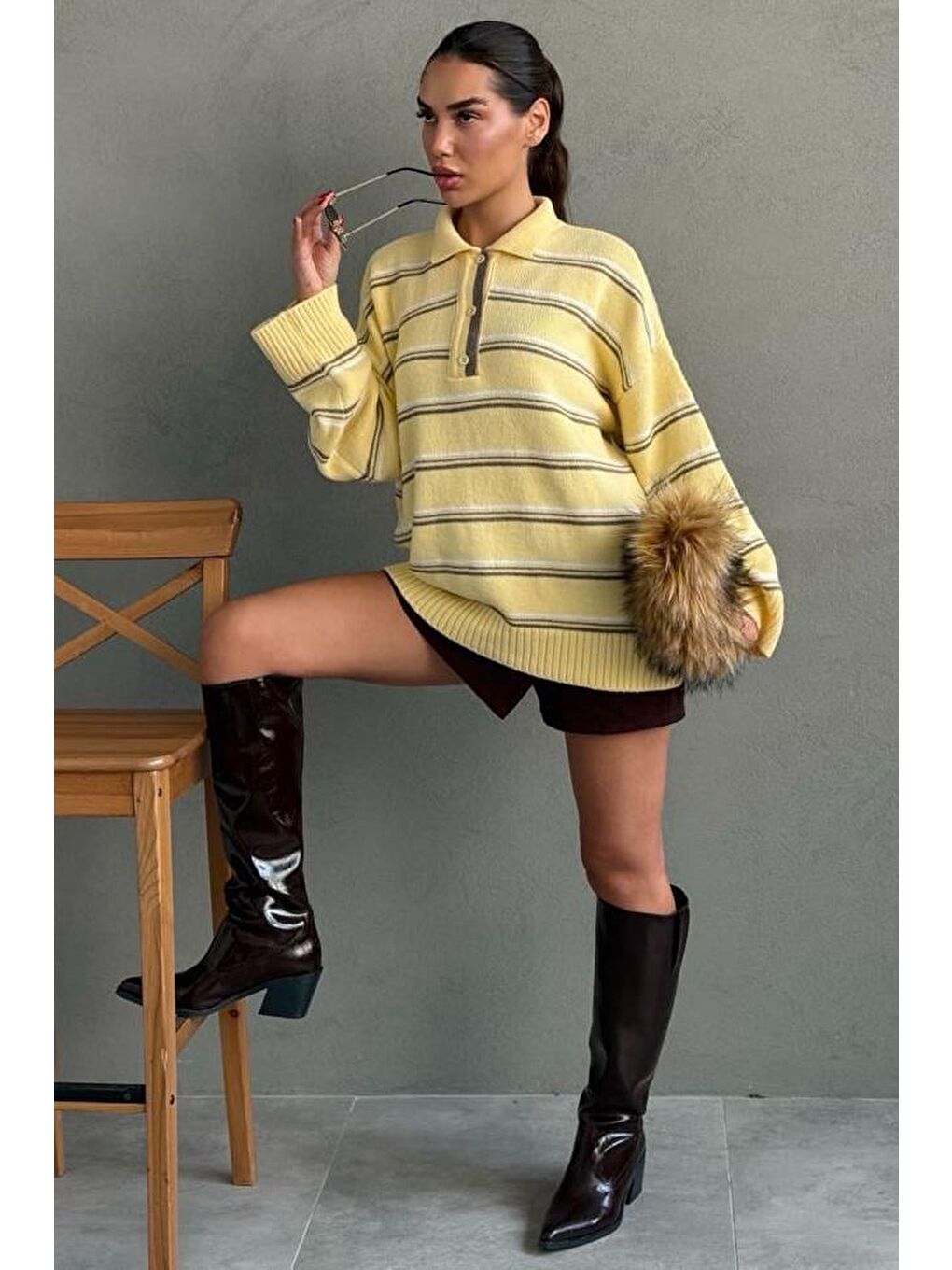 Sarı Çizgili Düğmeli Polo Yaka Kazak Mg2357-4