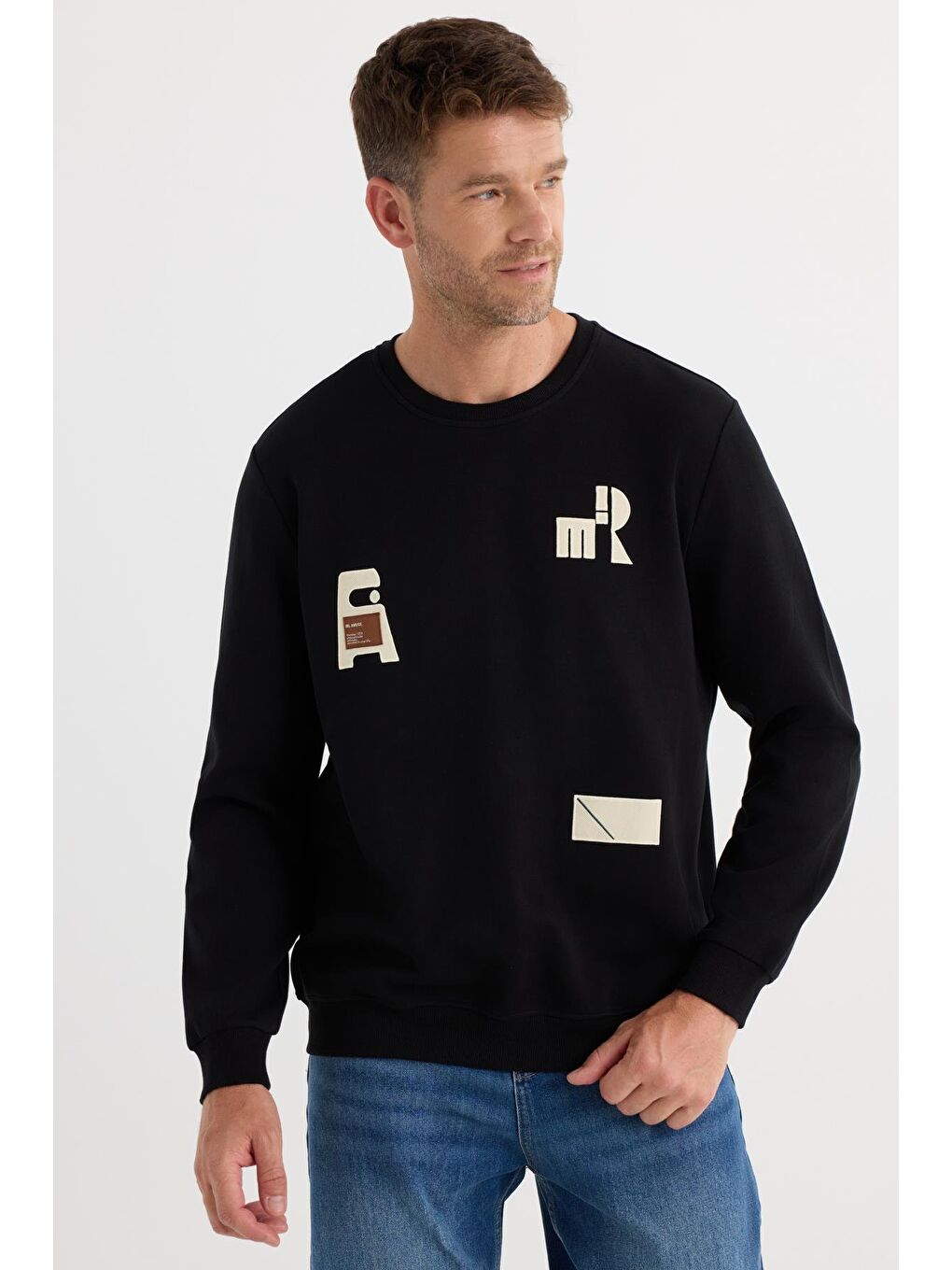 Erkek Relax Fit Rahat Kesim Pamuklu Lastikli Kol Bisiklet Yaka Baskılı Siyah Sweatshirt-4