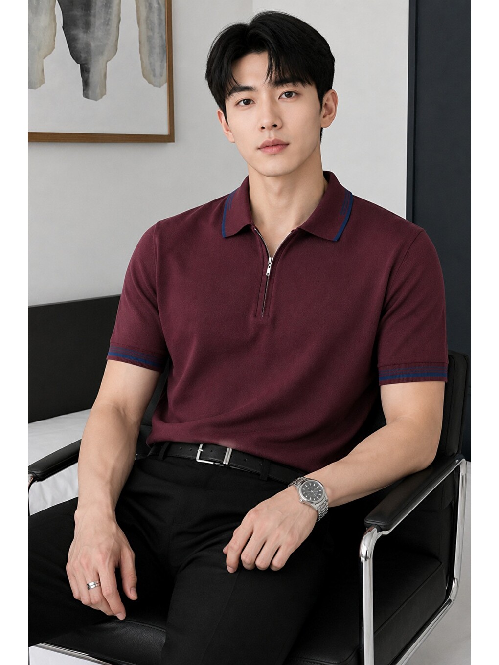 Bordo Erkek Fermuar Yaka Triko Polo Tişört – Slim Fit Pamuklu Yazlık Triko-1