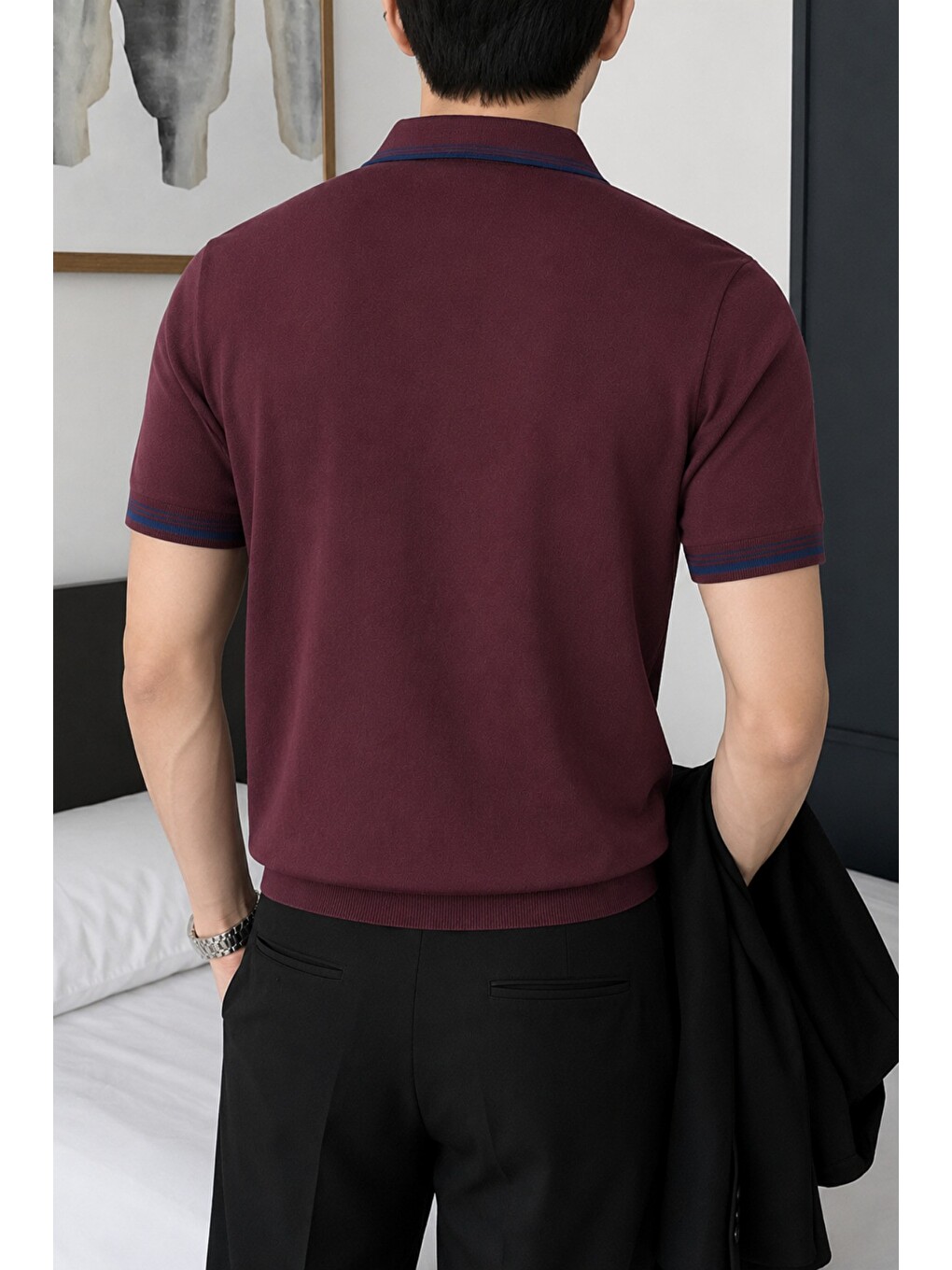 Bordo Erkek Fermuar Yaka Triko Polo Tişört – Slim Fit Pamuklu Yazlık Triko-2