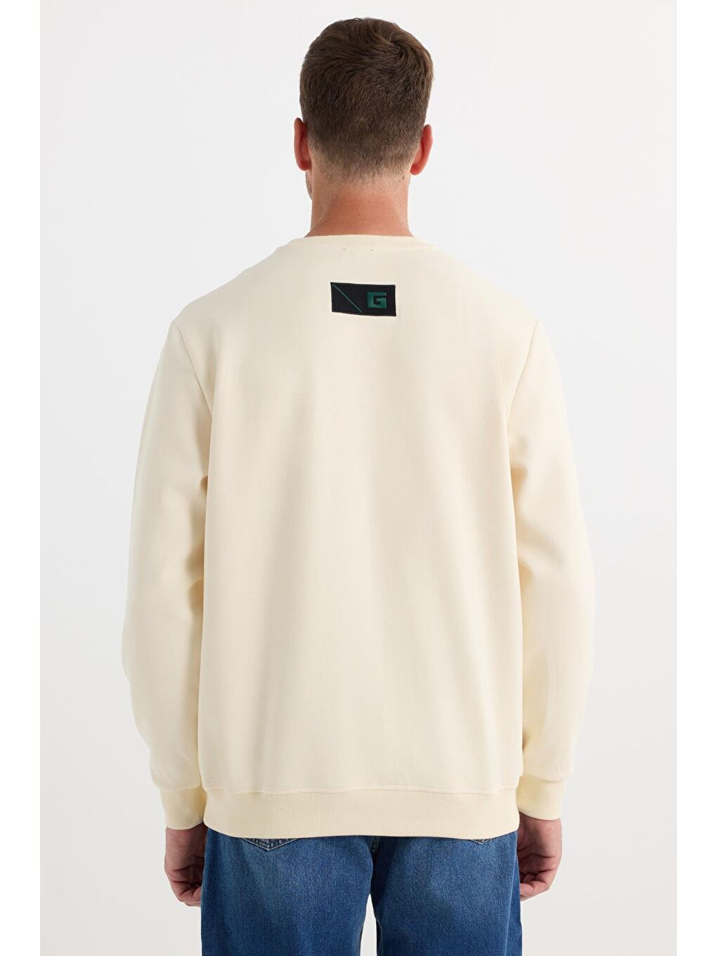 Erkek Relax Fit Rahat Kesim Pamuklu Lastikli Kol Bisiklet Yaka Baskılı Ekru Sweatshirt-6