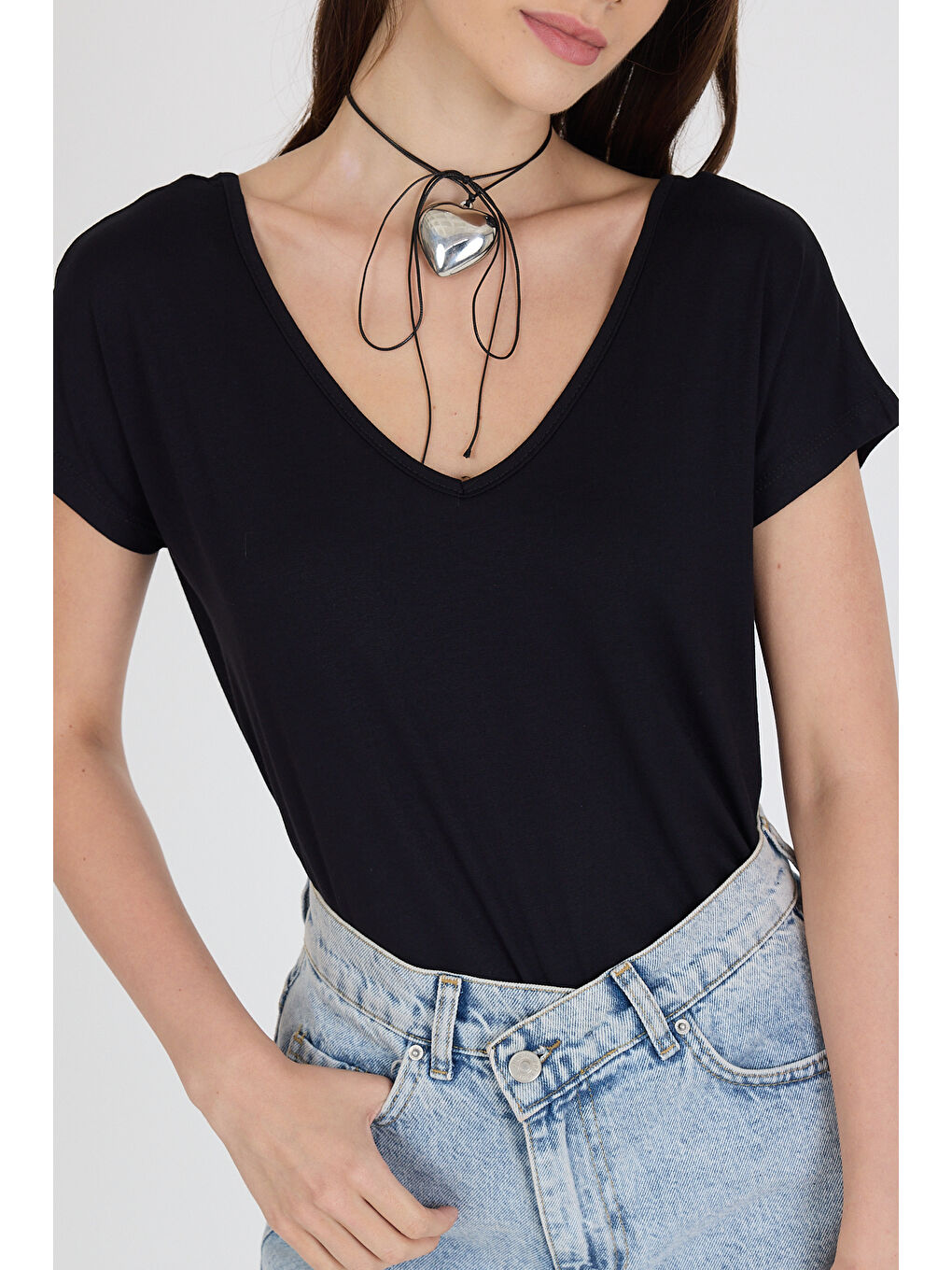 Ön Arka V Yaka Siyah Kadın T-shirt 0003-2