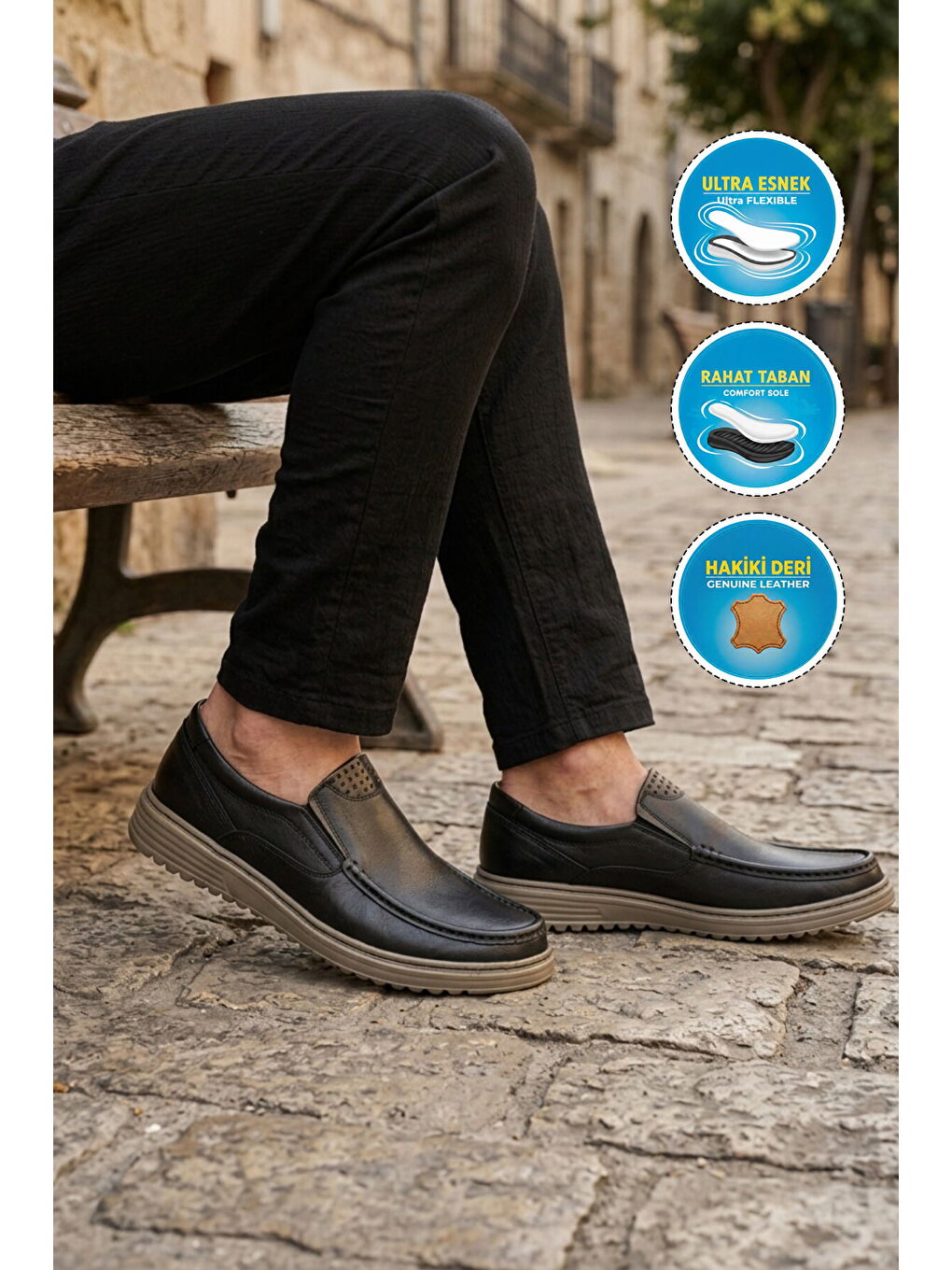 Siyah Bej Hakiki Deri Erkek Casual Ayakkabı 047 M-2