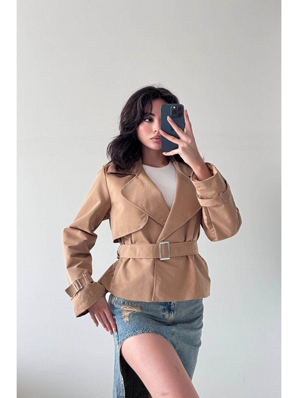 Kahverengi Kadın Camel Kısa Trenç 1041-6061-3