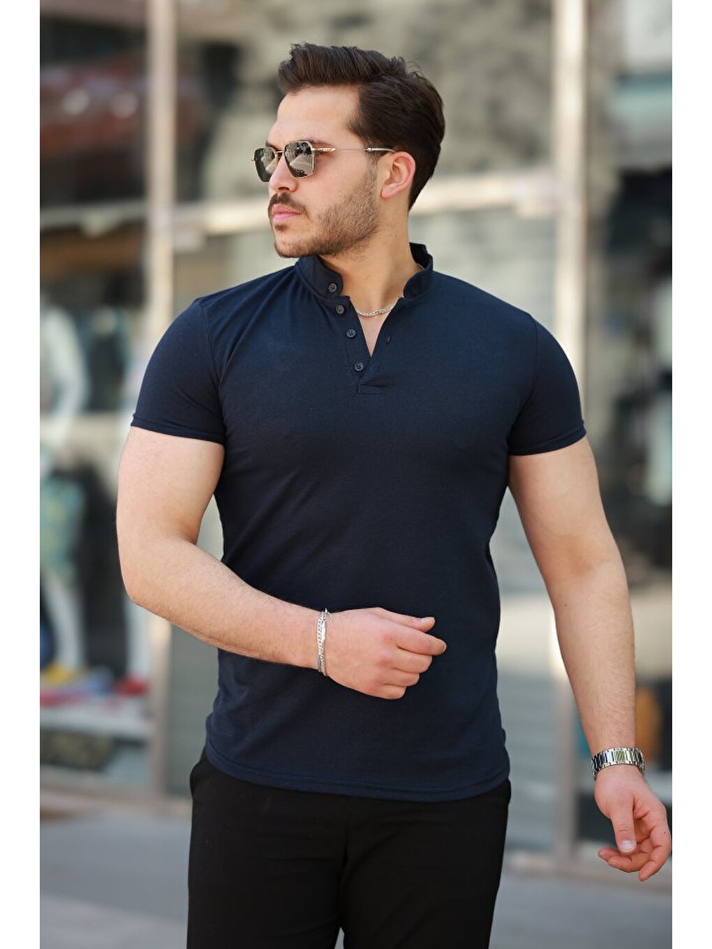 Lacivert Erkek Hakim Yaka Dokuma Pamuklu Kumaş Kısa Kollu T-shirt-1