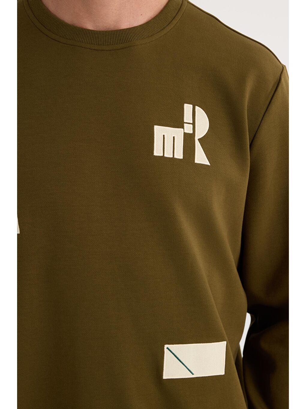 Erkek Relax Fit Rahat Kesim Pamuklu Lastikli Kol Bisiklet Yaka Baskılı Haki Sweatshirt-2