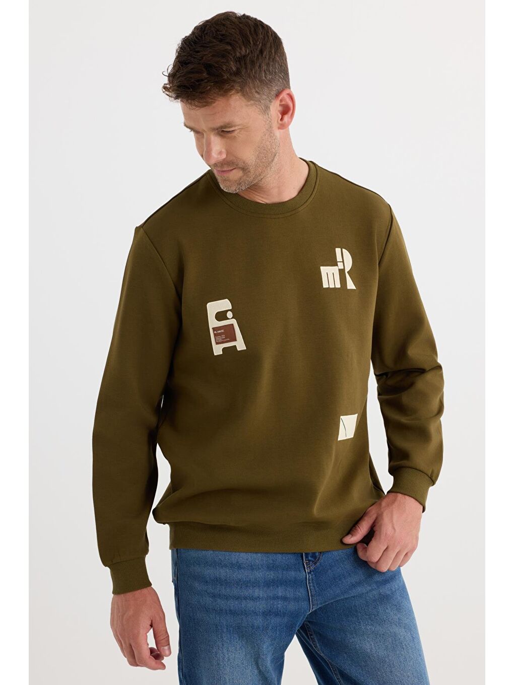 Erkek Relax Fit Rahat Kesim Pamuklu Lastikli Kol Bisiklet Yaka Baskılı Haki Sweatshirt-3