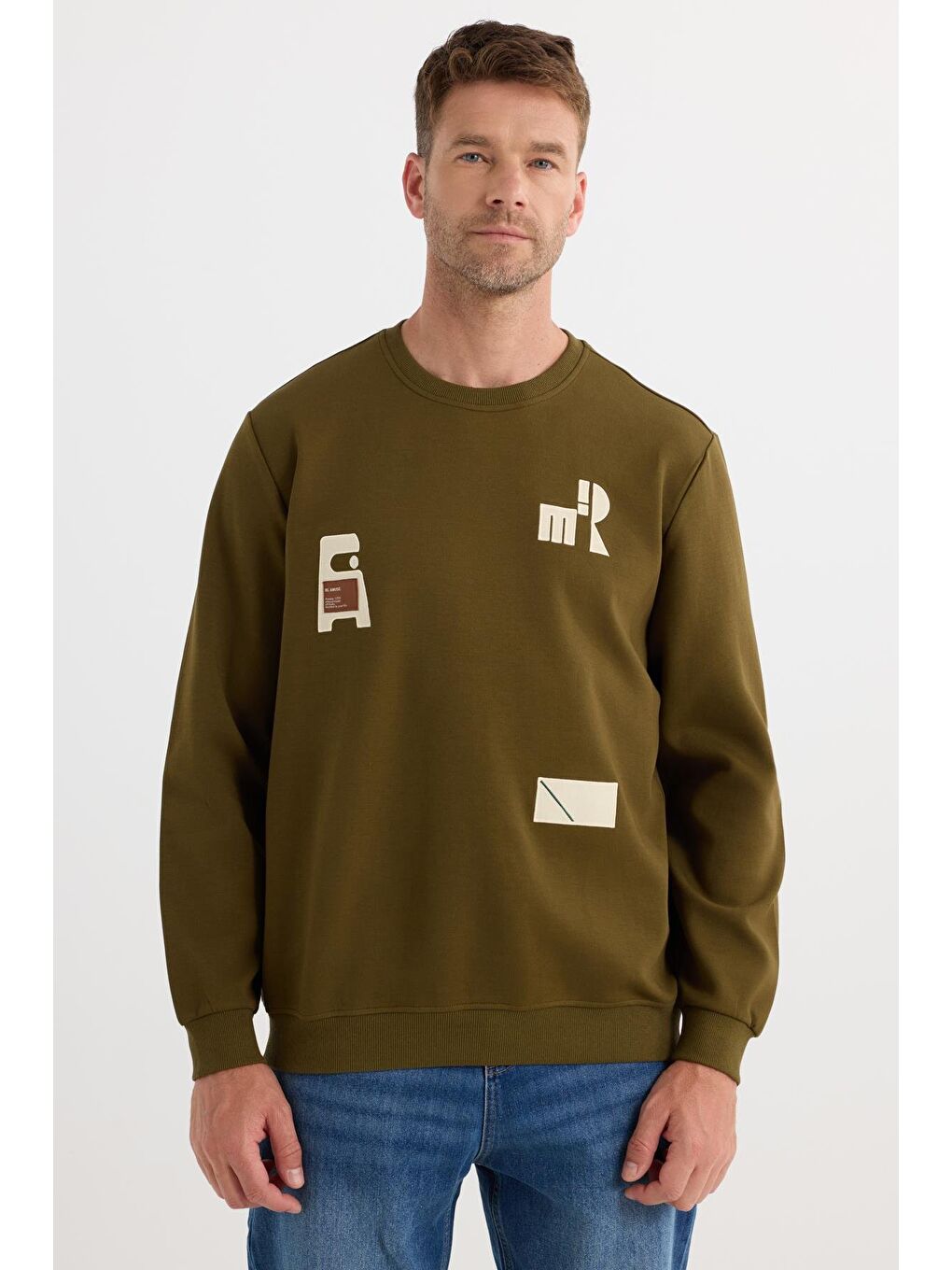 Erkek Relax Fit Rahat Kesim Pamuklu Lastikli Kol Bisiklet Yaka Baskılı Haki Sweatshirt-4