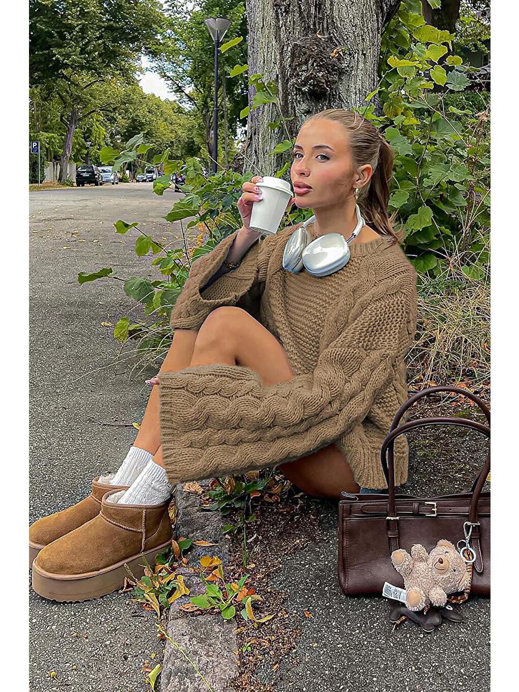 Bej Vizon Bisiklet Yaka Örgü Desen Kadın Triko Kazak Mg2601-3