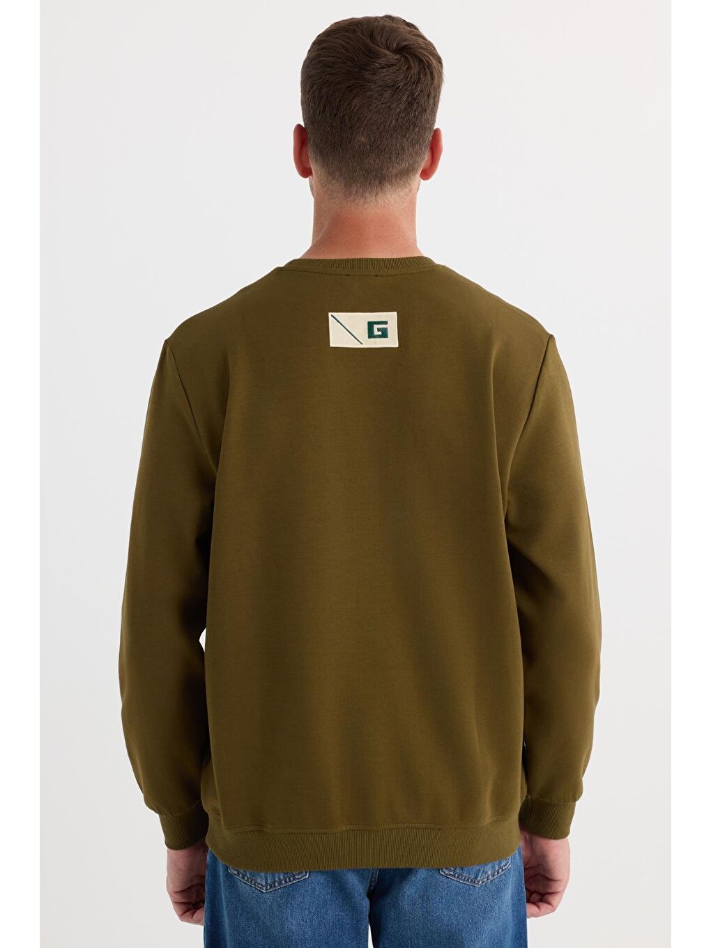 Erkek Relax Fit Rahat Kesim Pamuklu Lastikli Kol Bisiklet Yaka Baskılı Haki Sweatshirt-6