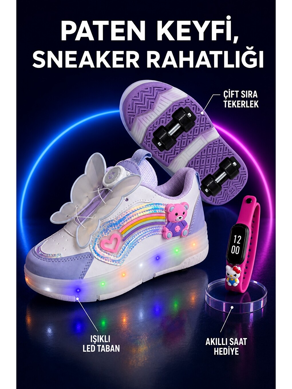 Lila Çocuk Işıklı Patenli Tekerlekli Sneaker Spor Ayakkabı-4