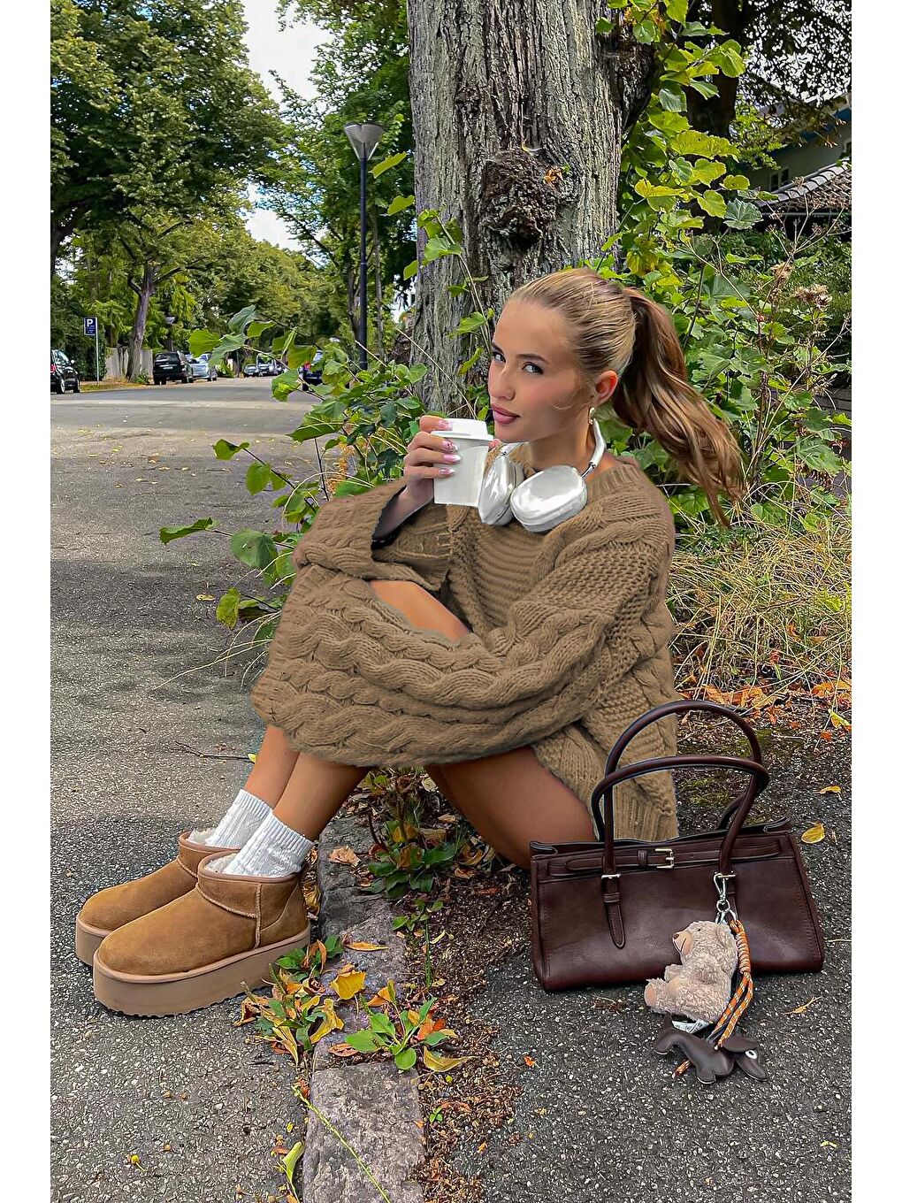 Bej Vizon Bisiklet Yaka Örgü Desen Kadın Triko Kazak Mg2601-5