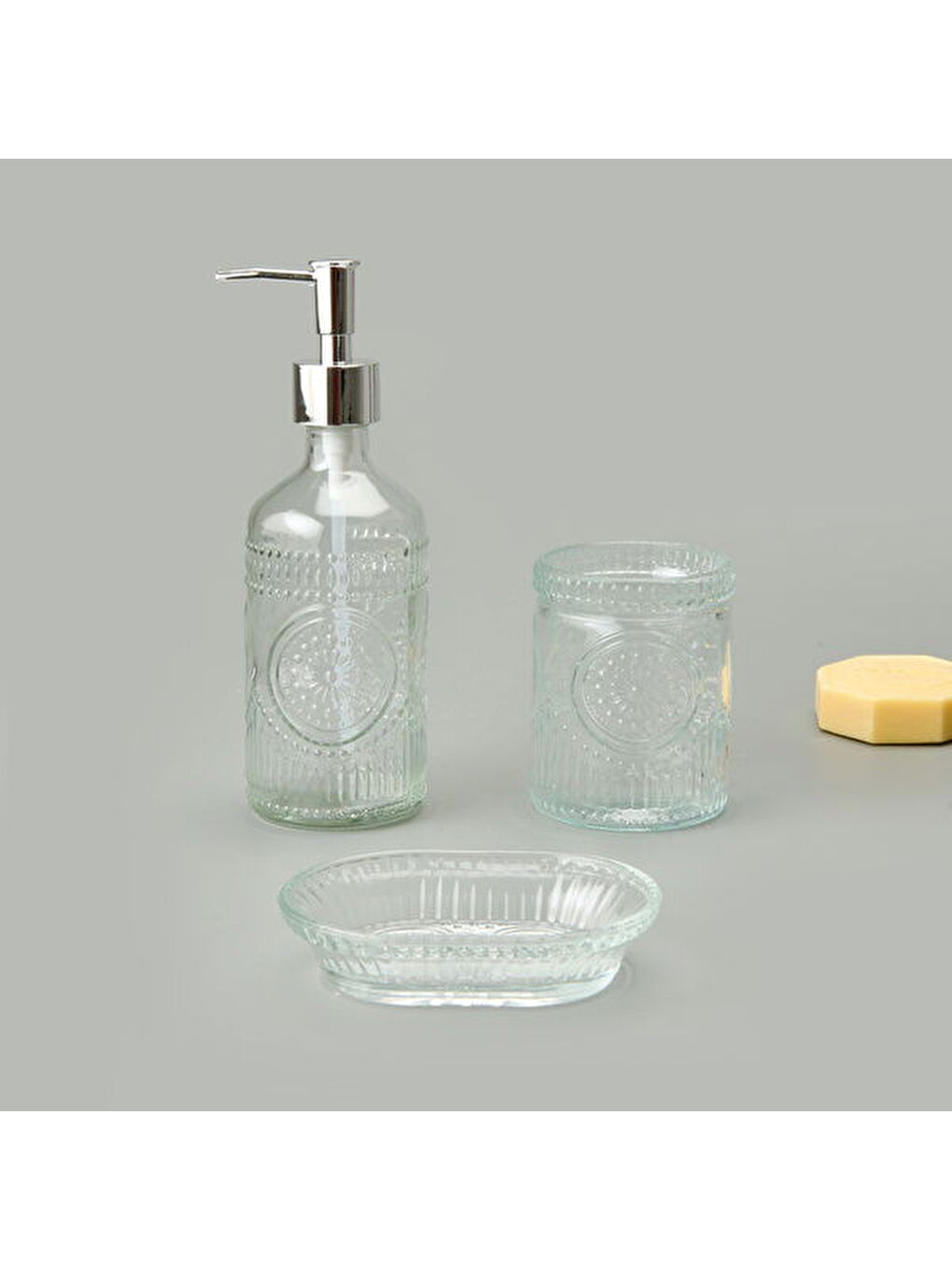 Renksiz Bath 3'lü Cam Banyo Sıvı Sabunluk Seti - Şeffaf-5