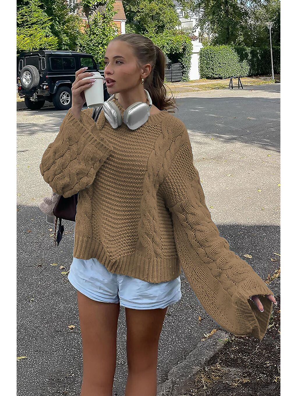 Bej Vizon Bisiklet Yaka Örgü Desen Kadın Triko Kazak Mg2601-7