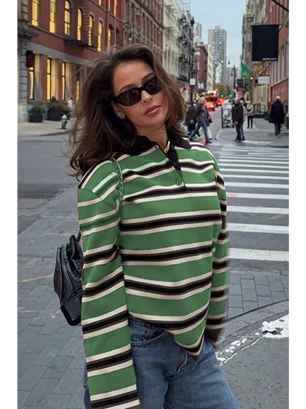 Yeşil Çizgili Düğmeli Polo Yaka Kadın Triko Kazak Mg2280