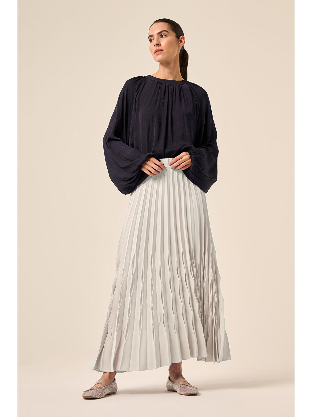 Akordiyon Pliseli Etek 5636 Ekru-2