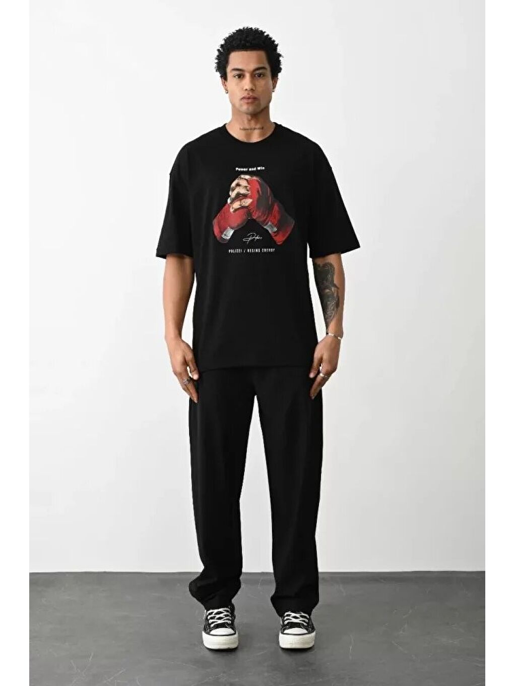 Unisex Baskılı Oversize T-Shirt - Siyah-3